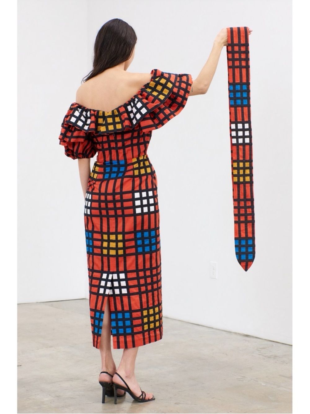 NWOT Mara Hoffman Midi Plaid Puff-Sleeve Arabella Off-The-Shoulder Dress - Picture 5 of 9